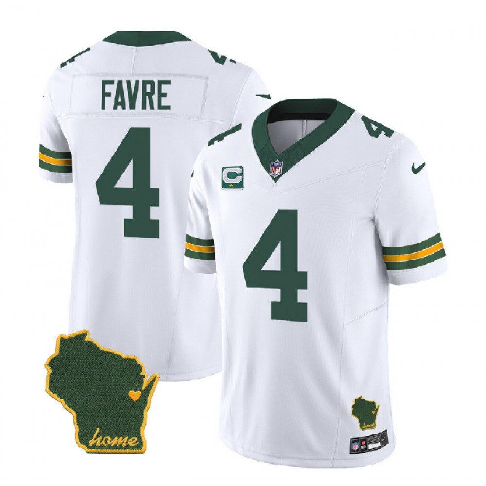 Men's Green Bay Packers #4 Brett Favre White 2023 F.U.S.E. Home Patch And 1-Star C Patch Vapor Untouchable Limited Stitched Jersey 