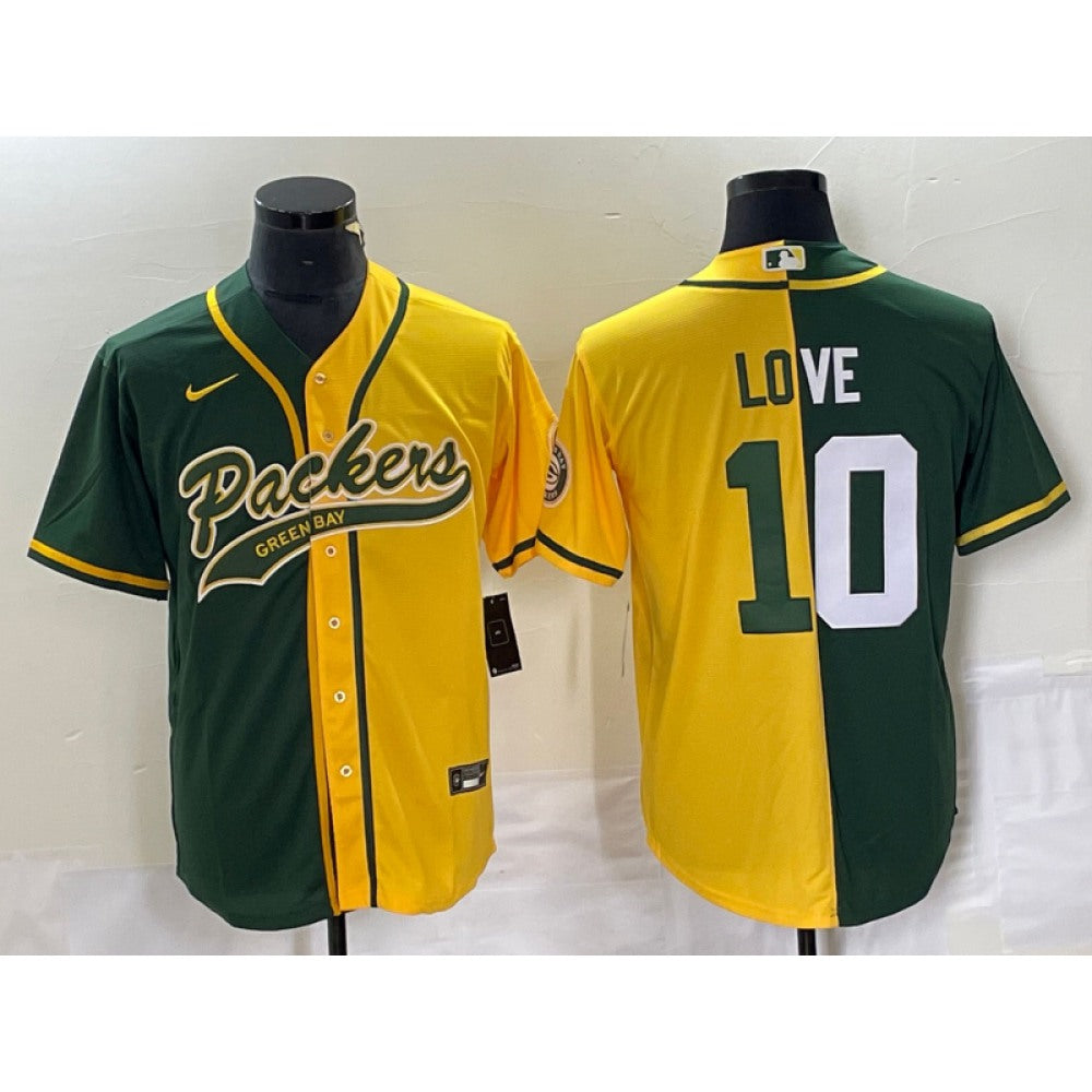 Men's Green Bay Packers #10 Jordan Love Green/Gold Split Cool Base Stitched Baseball Jersey 