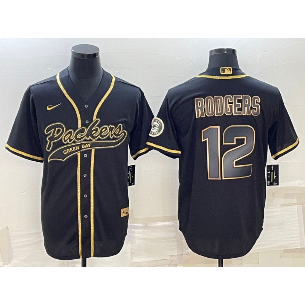 Men's Green Bay Packers #12 Aaron Rodgers Black Gold With Patch Cool Base Stitched Baseball Jersey 