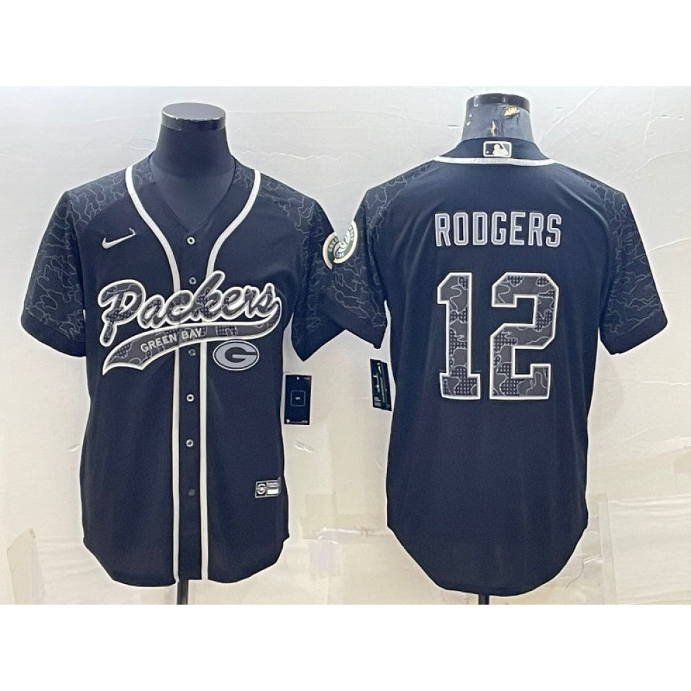 Men's Green Bay Packers #12 Aaron Rodgers Black Reflective With Patch Cool Base Stitched Baseball Jersey 