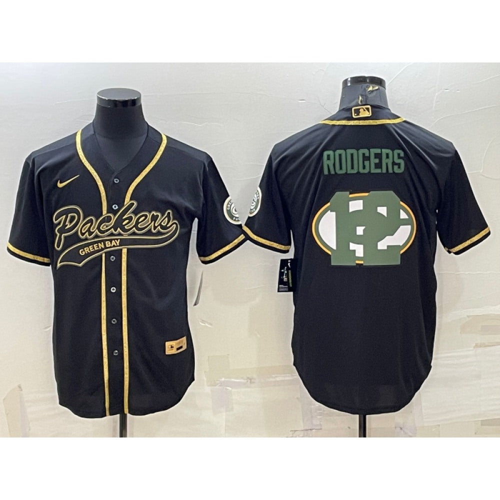 Men's Green Bay Packers #12 Aaron Rodgers Black Team Big Logo With Patch Cool Base Stitched Baseball Jersey 