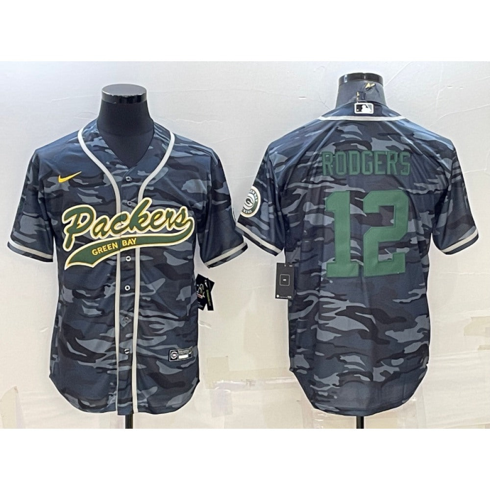 Men's Green Bay Packers #12 Aaron Rodgers Grey Green Camo With Patch Cool Base Stitched Baseball Jersey 