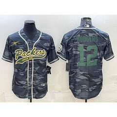 Men's Green Bay Packers #12 Aaron Rodgers Grey Green Camo With Patch Cool Base Stitched Baseball Jersey 