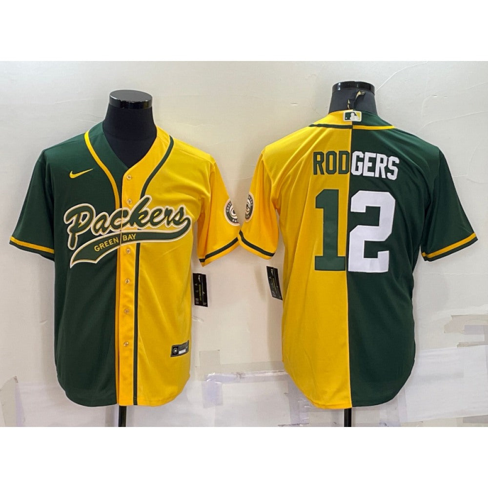 Men's Green Bay Packers #12 Aaron Rodgers Green/Yellow Split With Patch Cool Base Stitched Baseball Jersey 