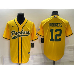 Men's Green Bay Packers #12 Aaron Rodgers Yellow Cool Base Stitched Baseball Jersey 