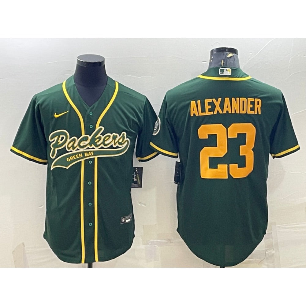 Men's Green Bay Packers #23 Jaire Alexander Green Gold With Patch Cool Base Stitched Baseball Jersey 