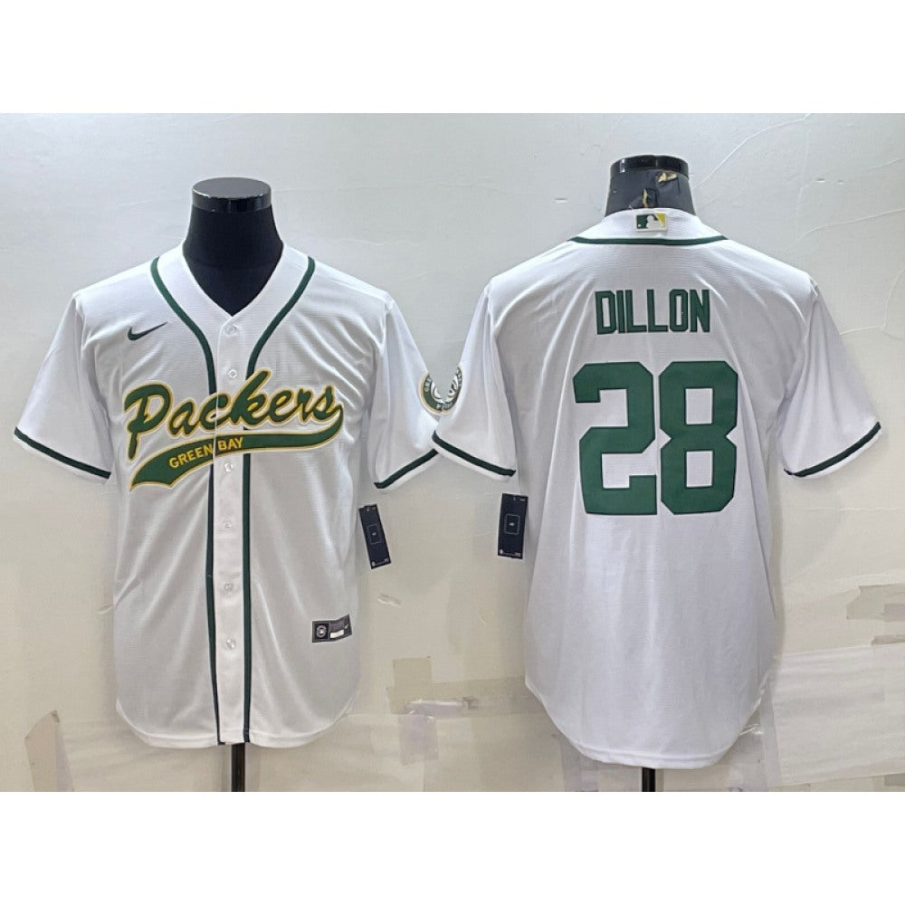 Men's Green Bay Packers #28 A.J. Dillon White With Patch Cool Base Stitched Baseball Jersey 