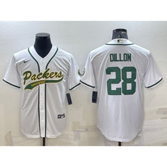 Men's Green Bay Packers #28 A.J. Dillon White With Patch Cool Base Stitched Baseball Jersey 