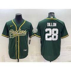 Men's Green Bay Packers #28 A.J. Dillon Green With Patch Cool Base Stitched Baseball Jersey 