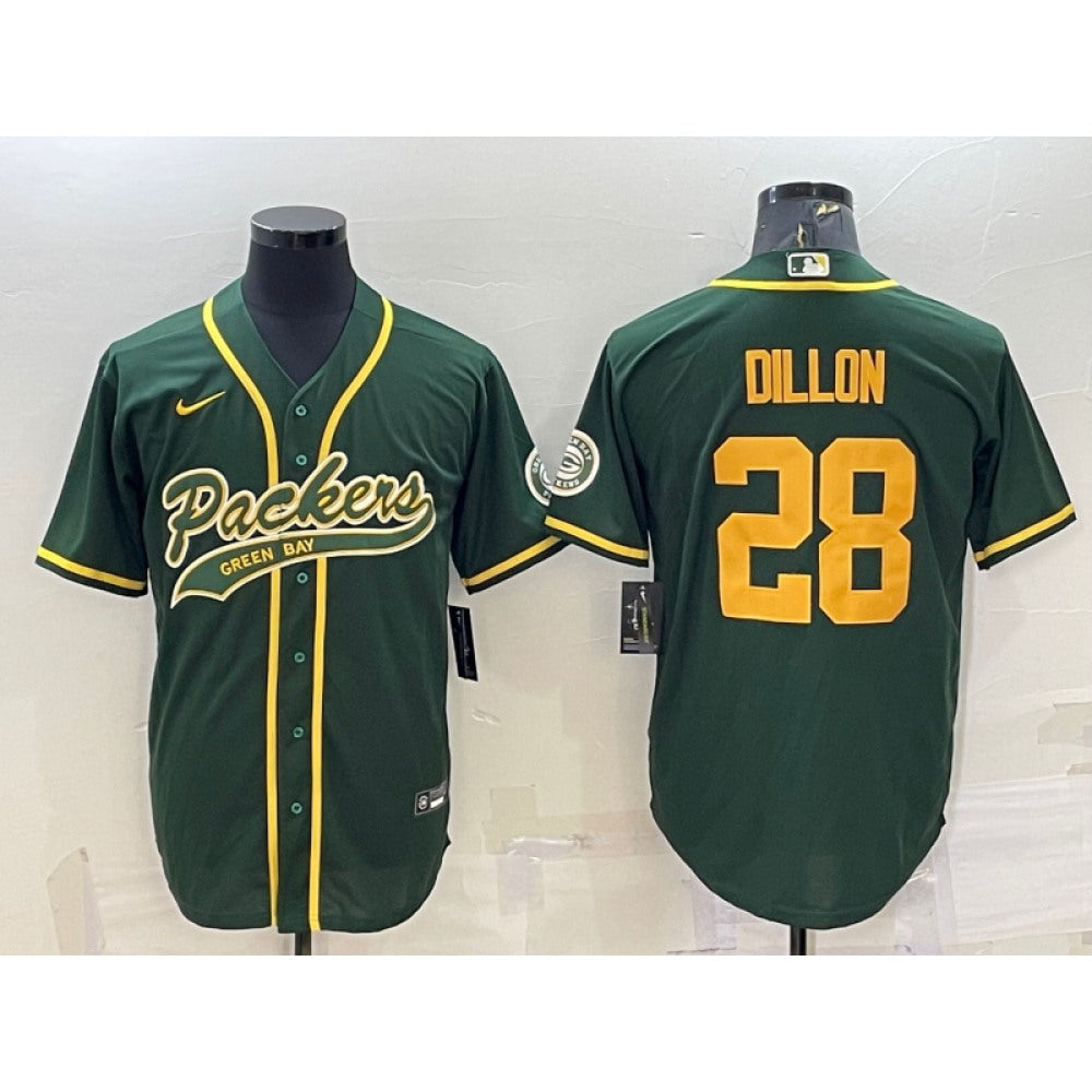 Men's Green Bay Packers #28 A.J. Dillon Green Gold With Patch Cool Base Stitched Baseball Jersey 