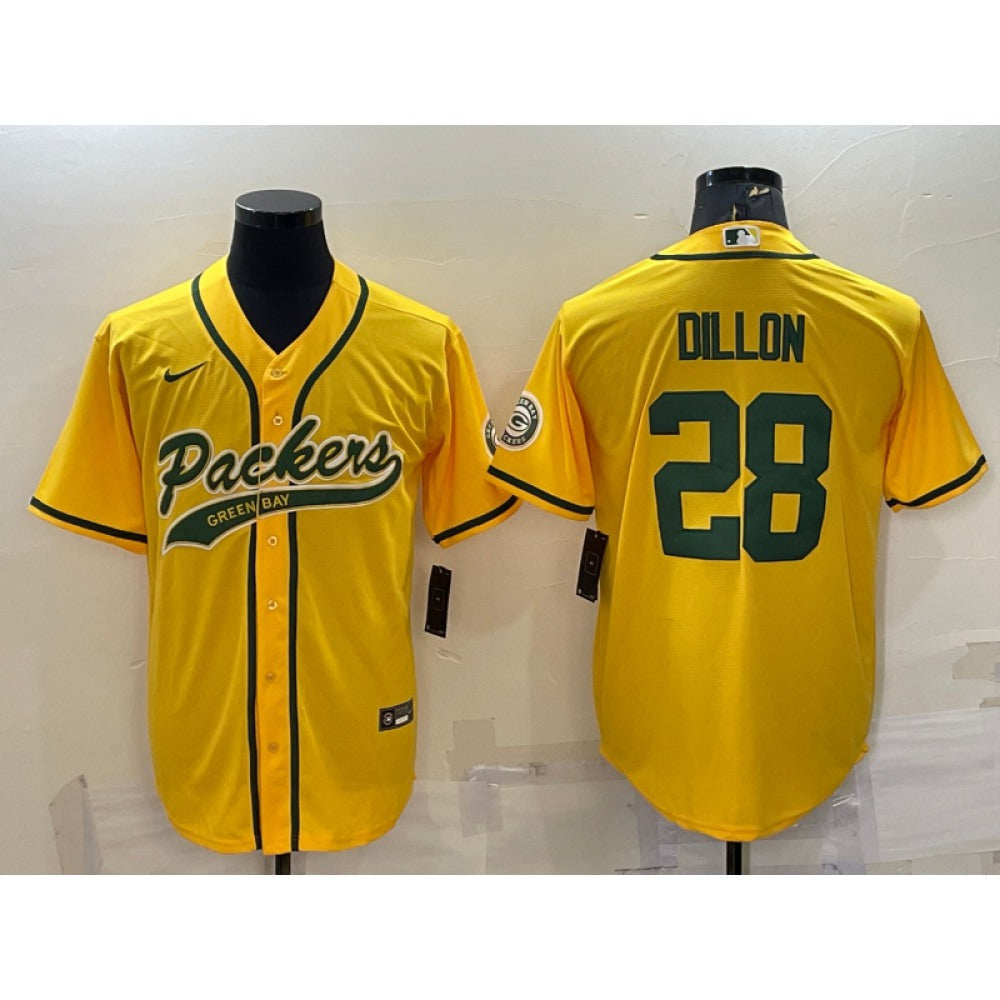 Men's Green Bay Packers #28 A.J. Dillon Gold With Patch Cool Base Stitched Baseball Jersey 