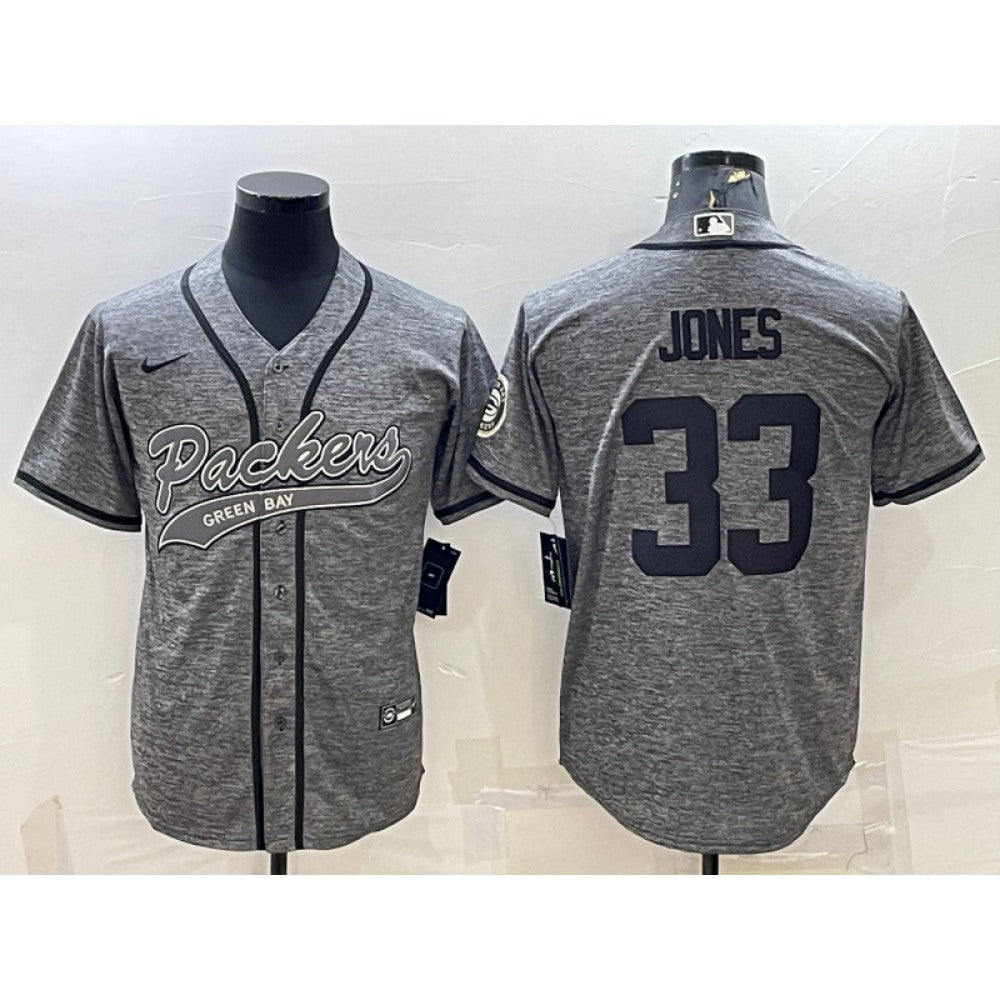 Men's Green Bay Packers #33 Aaron Jones Grey With Patch Cool Base Stitched Baseball Jersey 