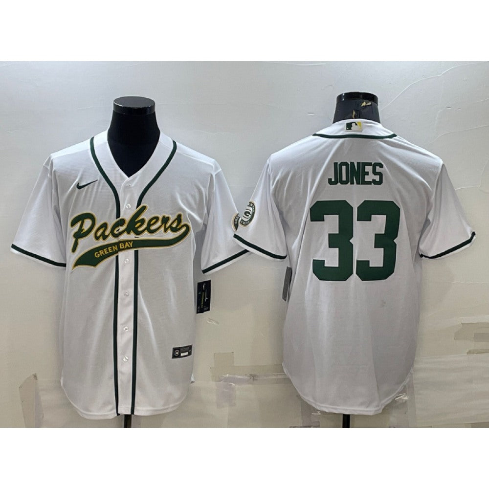 Men's Green Bay Packers #33 Aaron Jones White With Patch Cool Base Stitched Baseball Jersey 