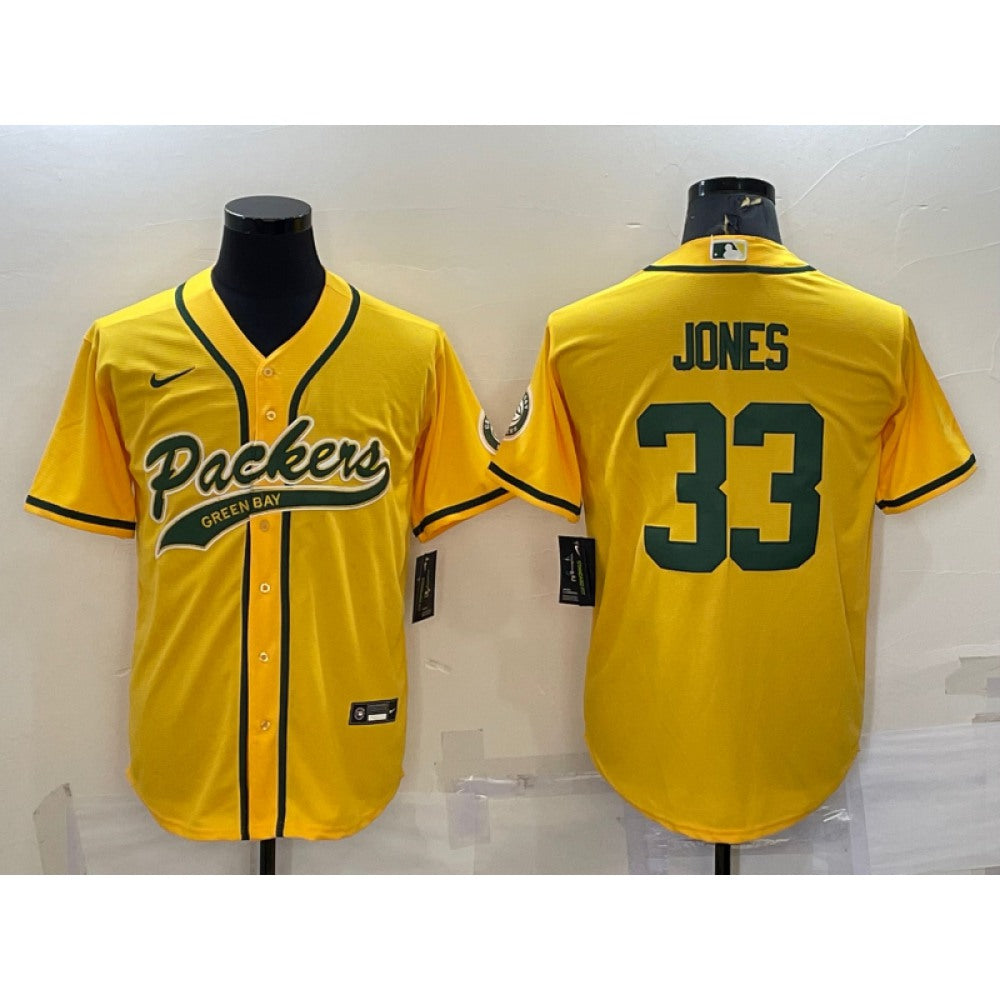 Men's Green Bay Packers #33 Aaron Jones Gold With Patch Cool Base Stitched Baseball Jersey 