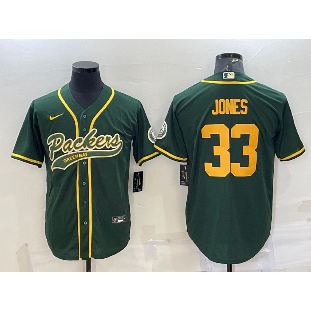 Men's Green Bay Packers #33 Aaron Jones Green Gold With Patch Cool Base Stitched Baseball Jersey 