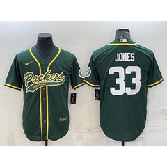 Men's Green Bay Packers #33 Aaron Jones Green With Patch Cool Base Stitched Baseball Jersey 