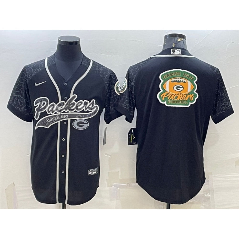 Men's Green Bay Packers Black Reflective Team Big Logo With Patch Cool Base Stitched Baseball Jersey 