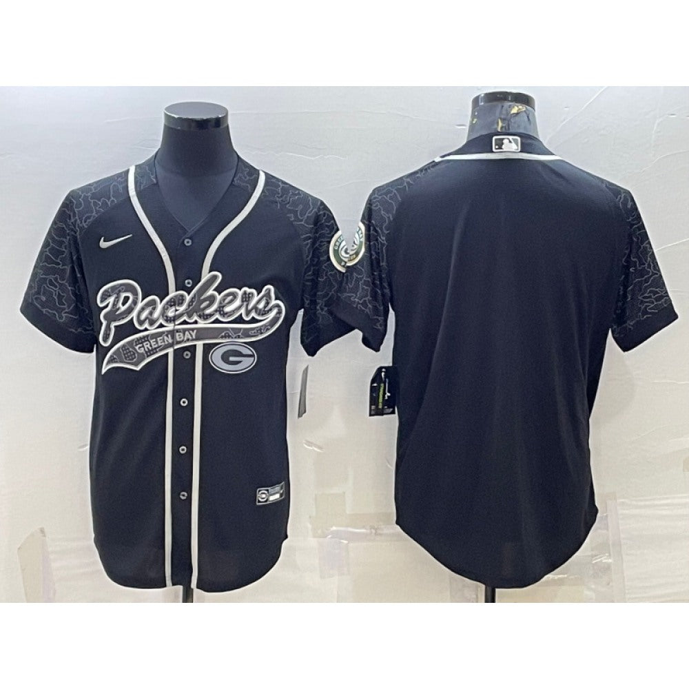 Men's Green Bay Packers Blank Black Reflective With Patch Cool Base Stitched Baseball Jersey 