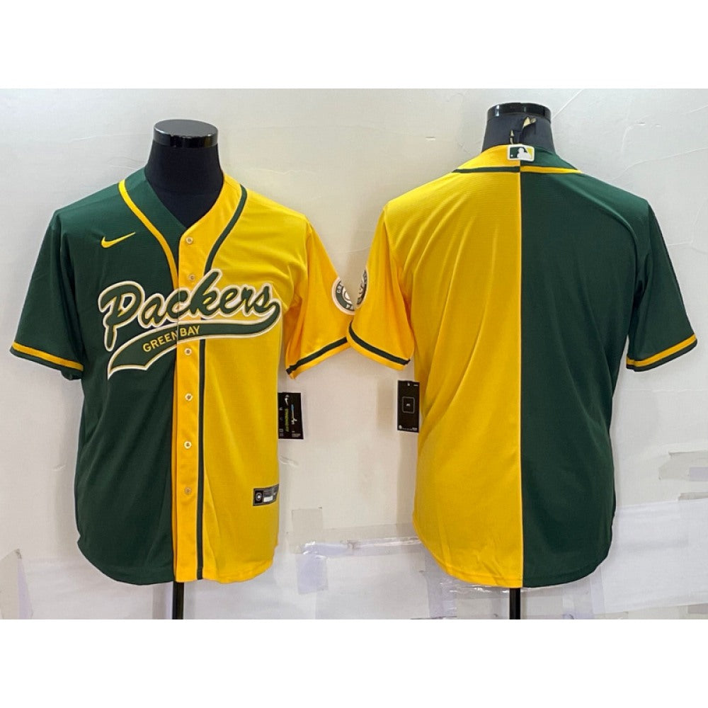 Men's Green Bay Packers Blank Green/Yellow Split With Patch Cool Base Stitched Baseball Jersey 