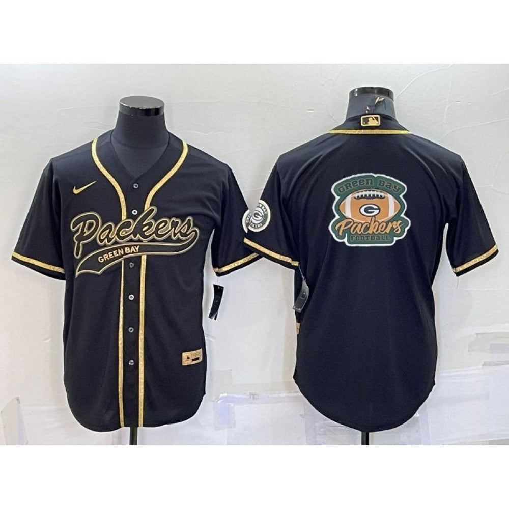Men's Green Bay Packers Black Gold Team Big Logo With Patch Cool Base Stitched Baseball Jersey 