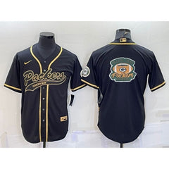 Men's Green Bay Packers Black Gold Team Big Logo With Patch Cool Base Stitched Baseball Jersey 