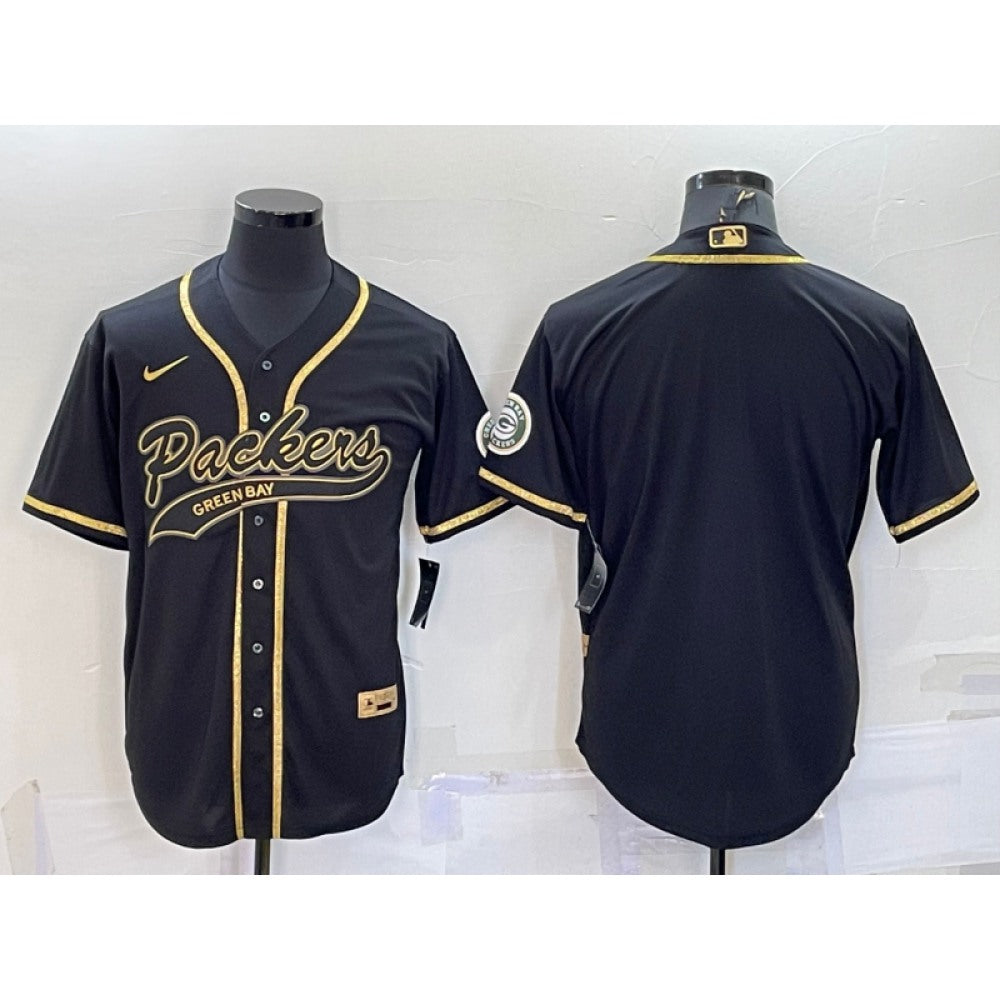Men's Green Bay Packers Blank Black Gold With Patch Cool Base Stitched Baseball Jersey 
