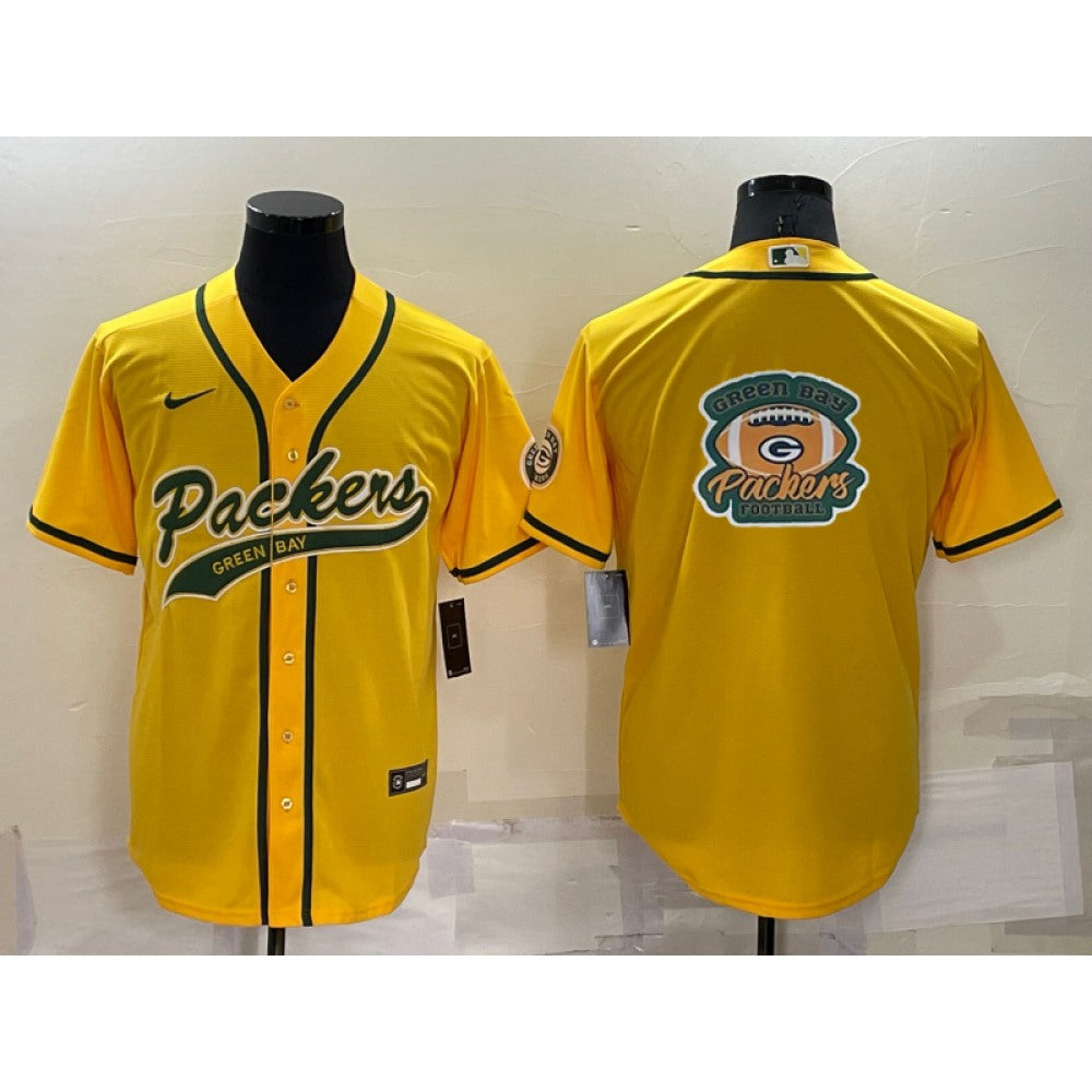 Men's Green Bay Packers Yellow Team Big Logo With Patch Cool Base Stitched Baseball Jersey 