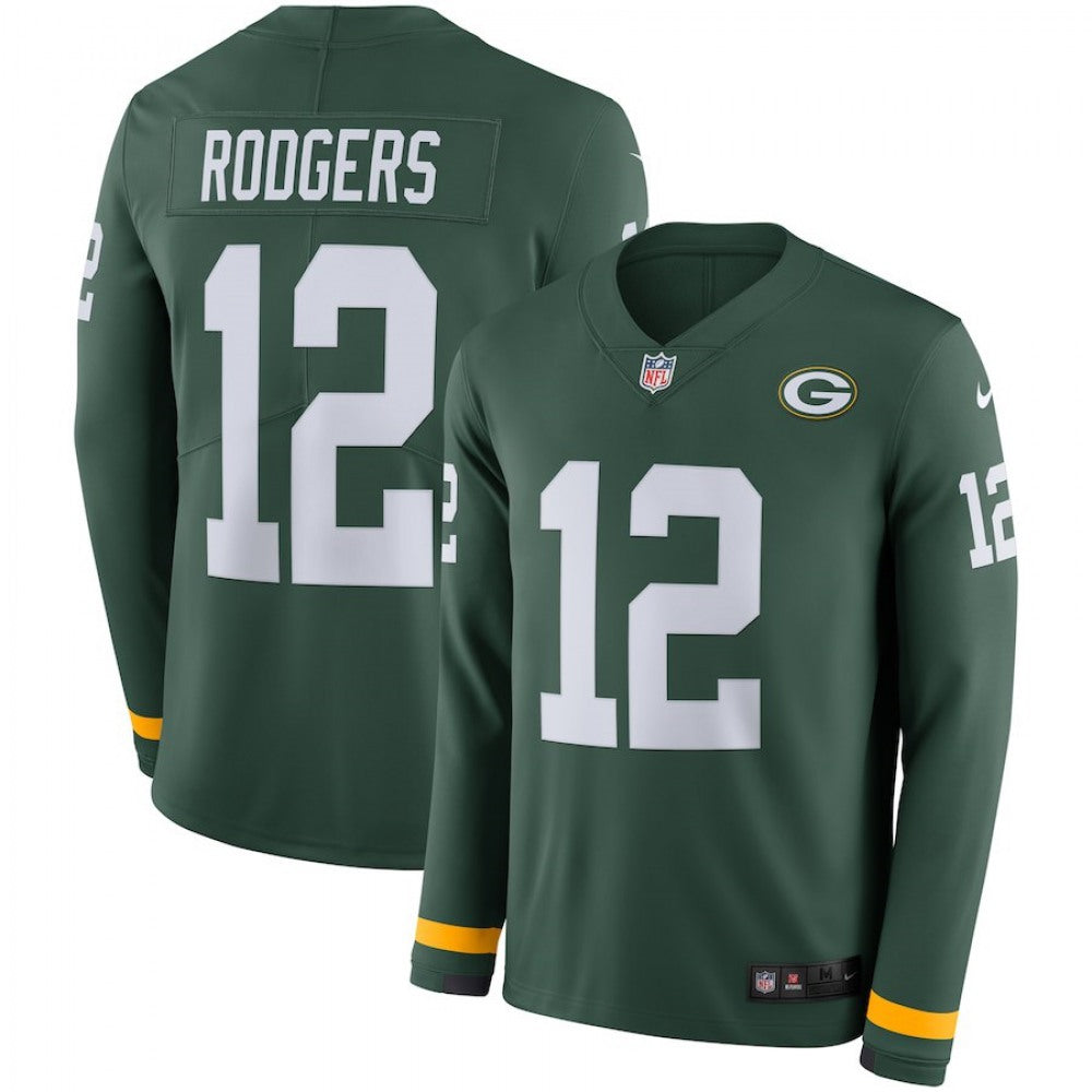Men's Green Bay Packers #12 Aaron Rodgers Green Therma Long Sleeve Stitched NFL Jersey 