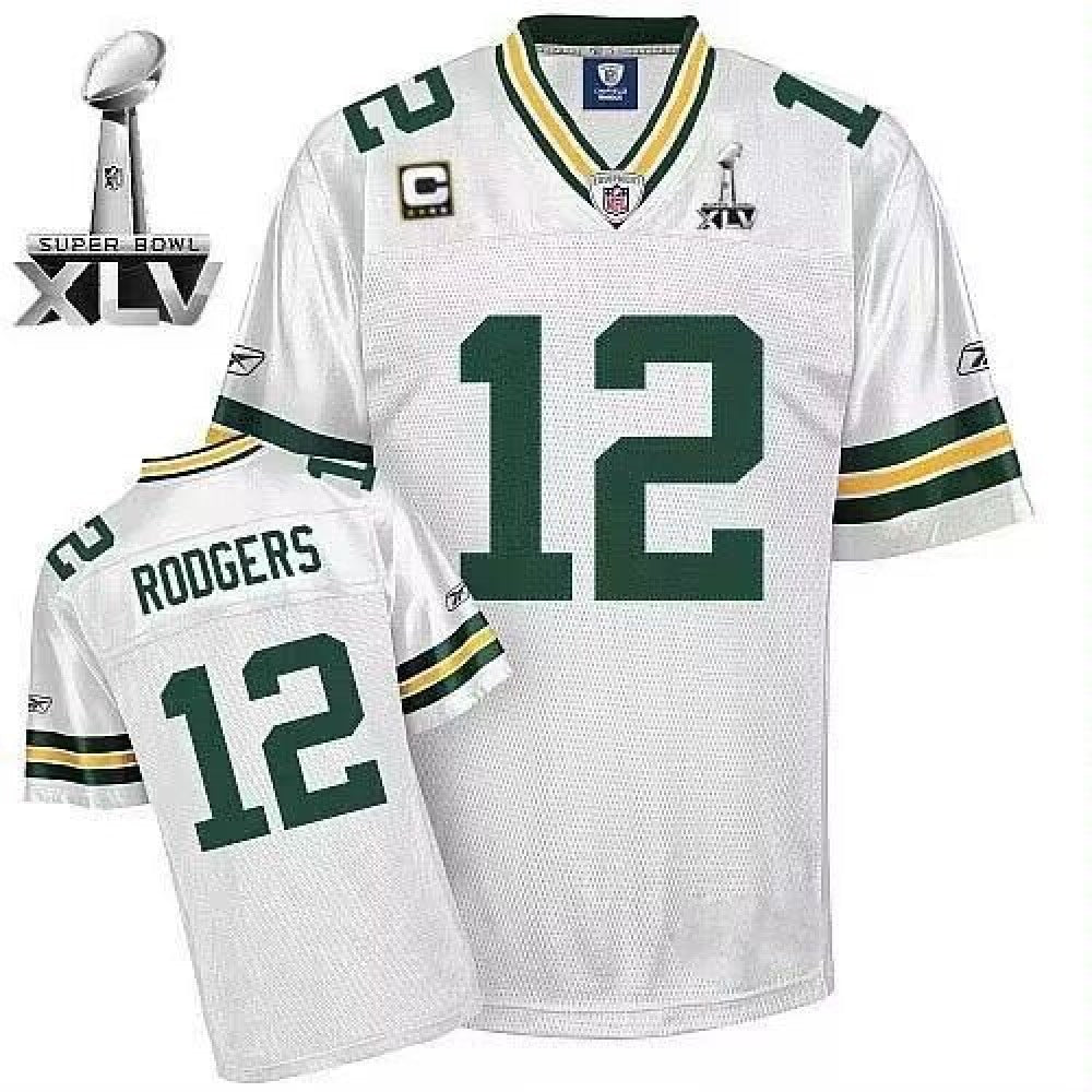 Men's Green Bay Packers #12 Aaron Rodgers White With Super Bowl XLV And C Patch Stitched Football Jersey 