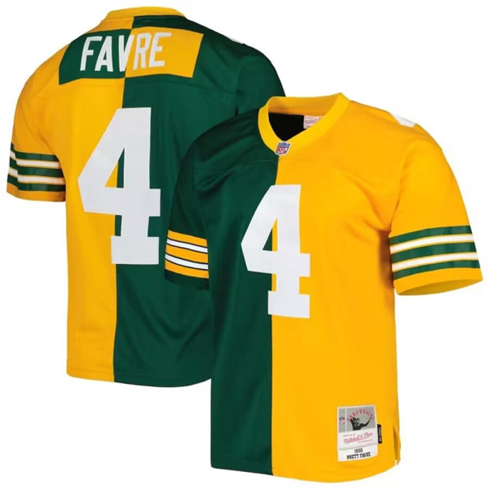 Men's Green Bay Packers #4 Brett Favre Green/Gold Mitchell & Ness 1996 Split Stitched Jersey 