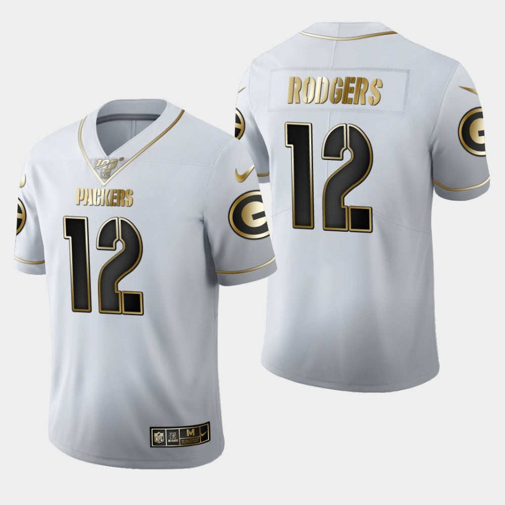 Men's Green Bay Packers #12 Aaron Rodgers White 2019 100th Season Golden Edition Limited Stitched NFL Jersey 