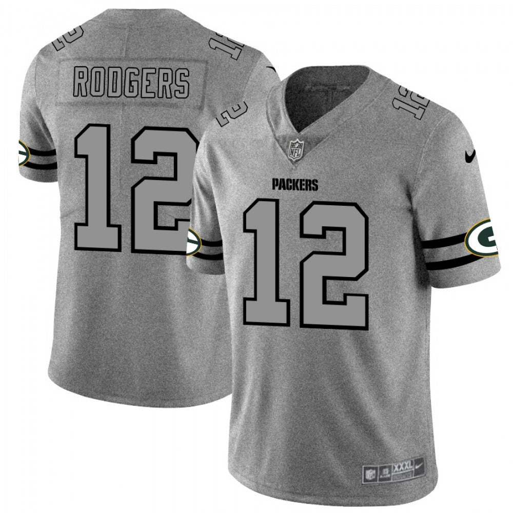 Men's Green Bay Packers #12 Aaron Rodgers 2019 Gray Gridiron Team Logo Limited Stitched NFL Jersey 