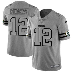 Men's Green Bay Packers #12 Aaron Rodgers 2019 Gray Gridiron Team Logo Limited Stitched NFL Jersey 