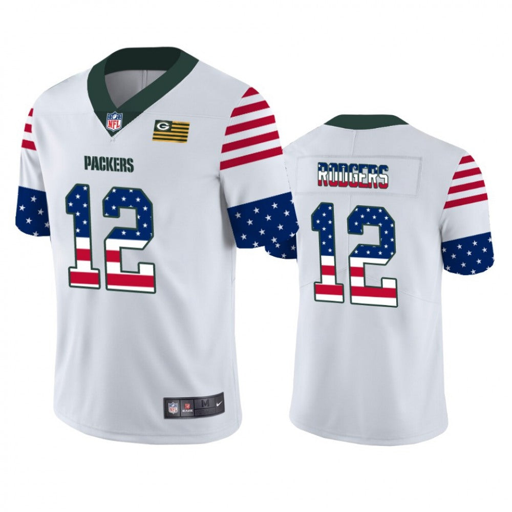 Men's Green Bay Packers #12 Aaron Rodgers White 2019 USA Flag Fashion Limited Stitched NFL Jersey 