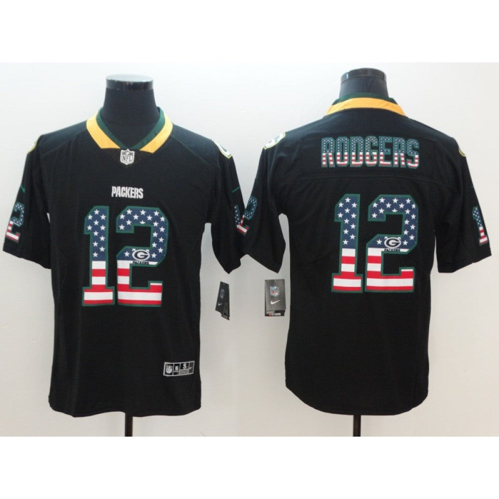 Men's Green Bay Packers #12 Aaron Rodgers Black 2018 USA Flag Color Rush Limited Fashion NFL Stitched Jersey 