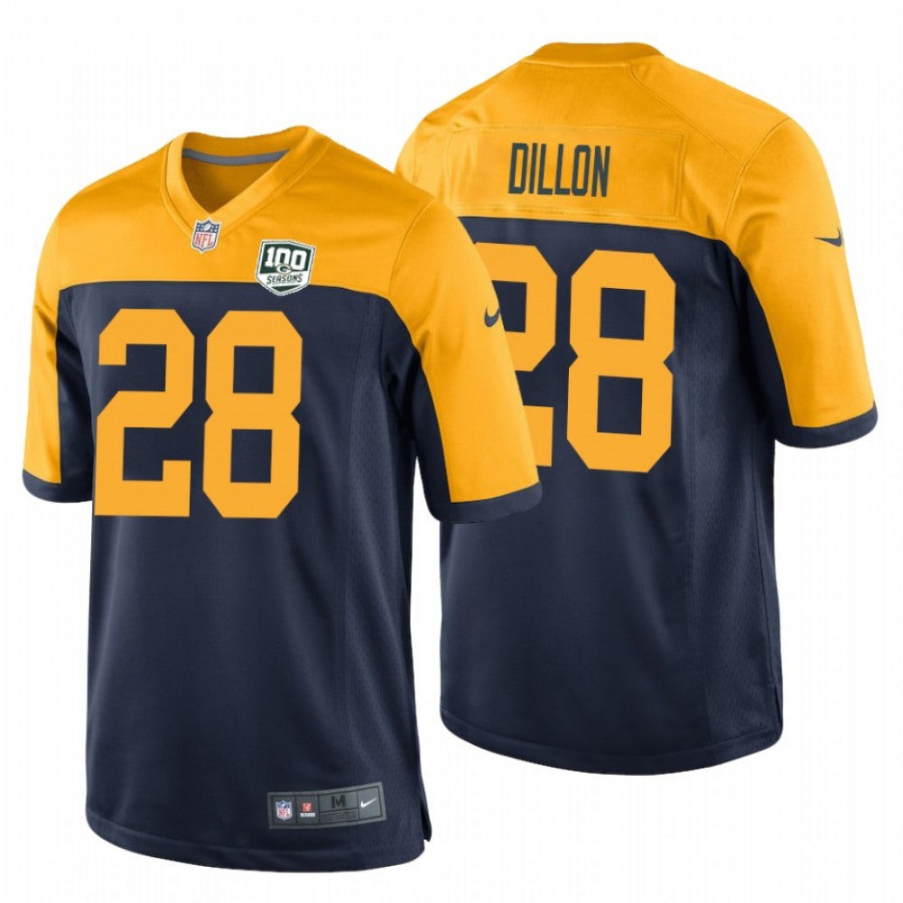 Men's Green Bay Packers #28 AJ Dillon Navy/Gold 100th Season Limited Stitched Jersey 