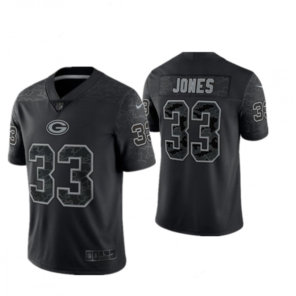 Men's Green Bay Packers #33 Aaron Jones Black Reflective Limited Stitched Football Jersey 