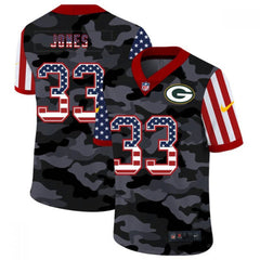 Men's Green Bay Packers #33 Aaron Jones 2020 Camo USA Flag Limited Stitched Jersey 