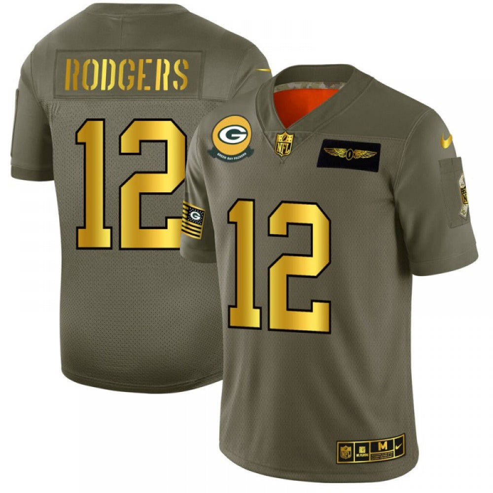 Men's Green Bay Packers #12 Aaron Rodgers 2019 Olive/Gold Salute To Service Limited Stitched NFL Jersey 