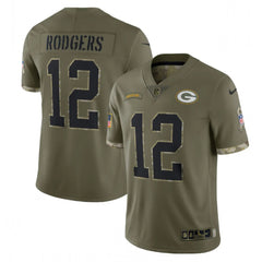 Men's Green Bay Packers #12 Aaron Rodgers Olive 2022 Salute To Service Limited Stitched Jersey 
