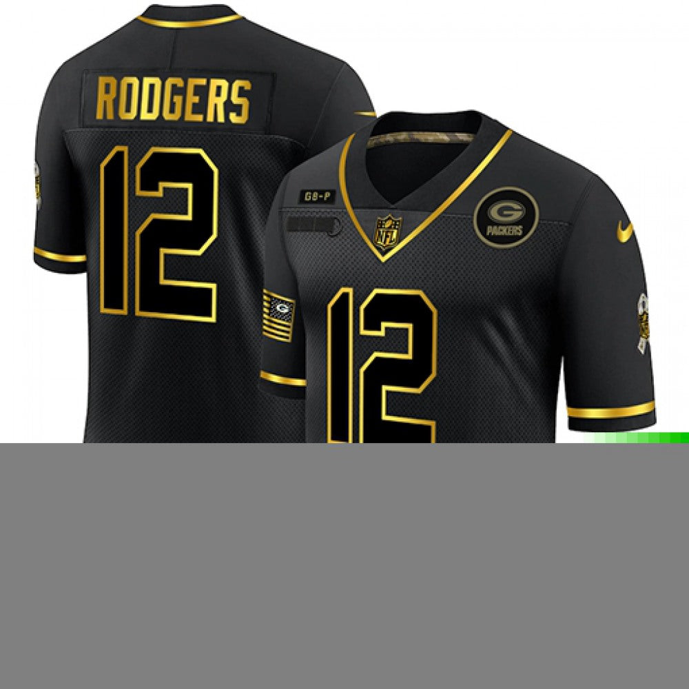 Men's Green Bay Packers #12 Aaron Rodgers 2020 Black/Gold Salute To Service Limited Stitched Jersey 