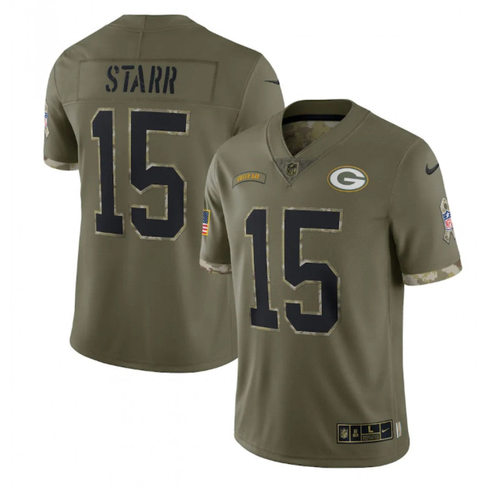 Men's Green Bay Packers #15 Bart Starr Olive 2022 Salute To Service Limited Stitched Jersey 