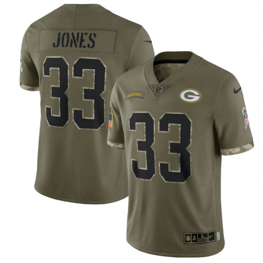 Men's Green Bay Packers #33 Aaron Jones Olive 2022 Salute To Service Limited Stitched Jersey 