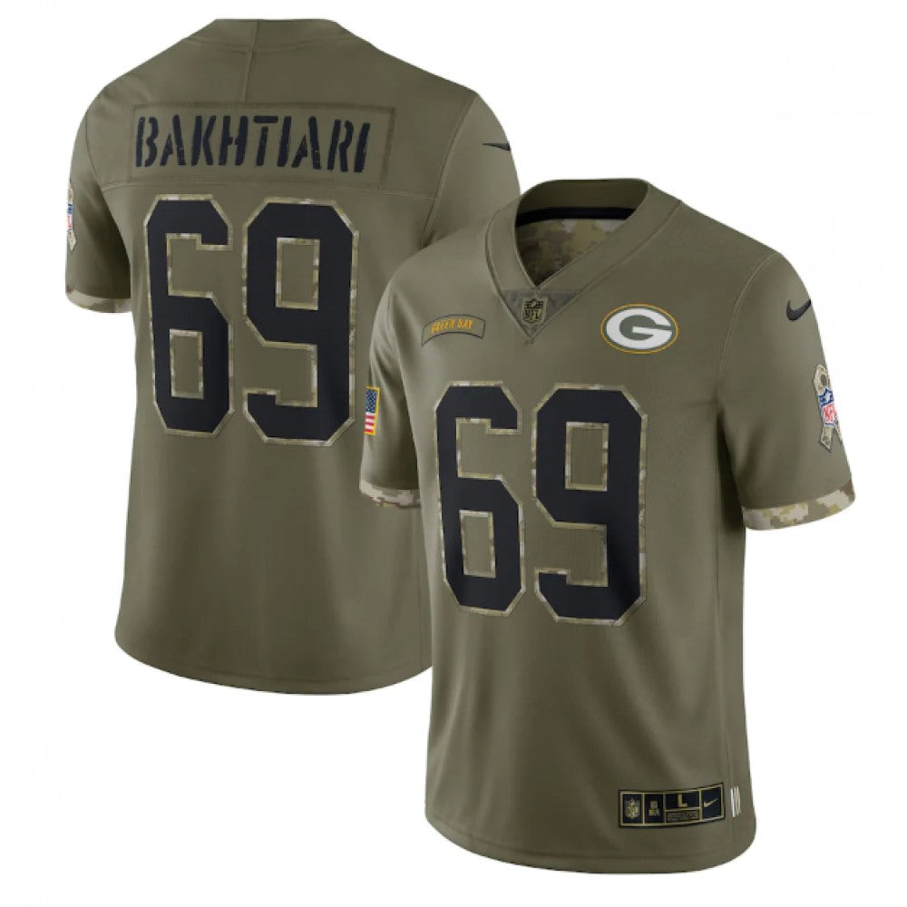 Men's Green Bay Packers #69 David Bakhtiari Olive 2022 Salute To Service Limited Stitched Jersey 