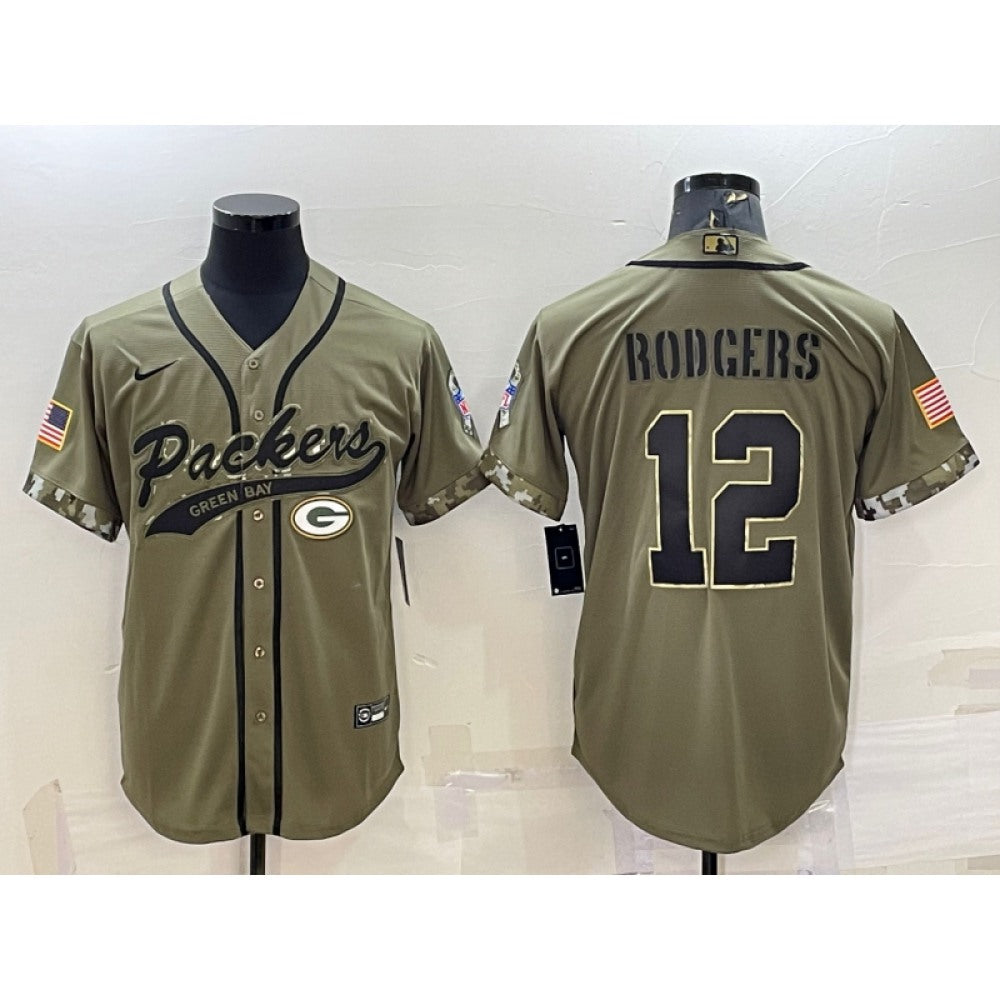 Men's Green Bay Packers #12 Aaron Rodgers Olive 2022 Salute to Service Cool Base Stitched Baseball Jersey 