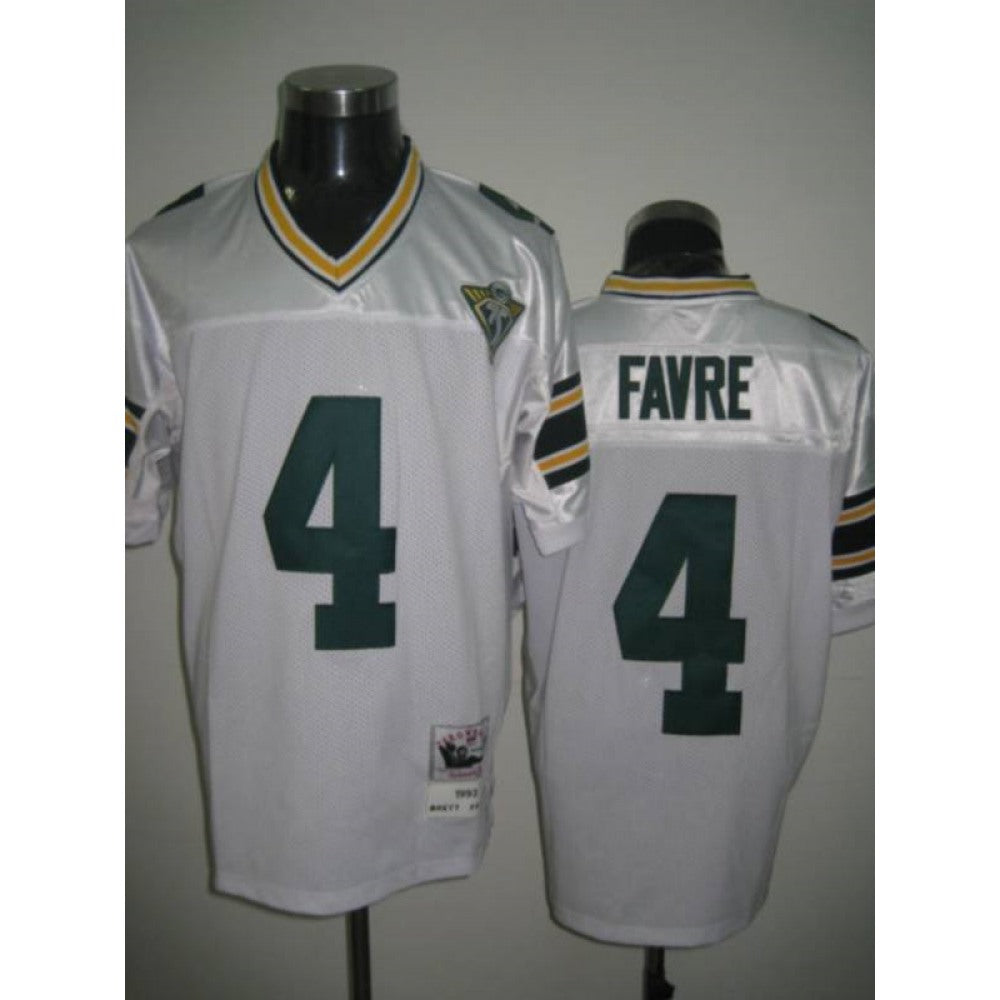 Mitchell & Ness Packers #4 Brett Favre White With 75th Patch Stitched Throwback NFL Jersey 