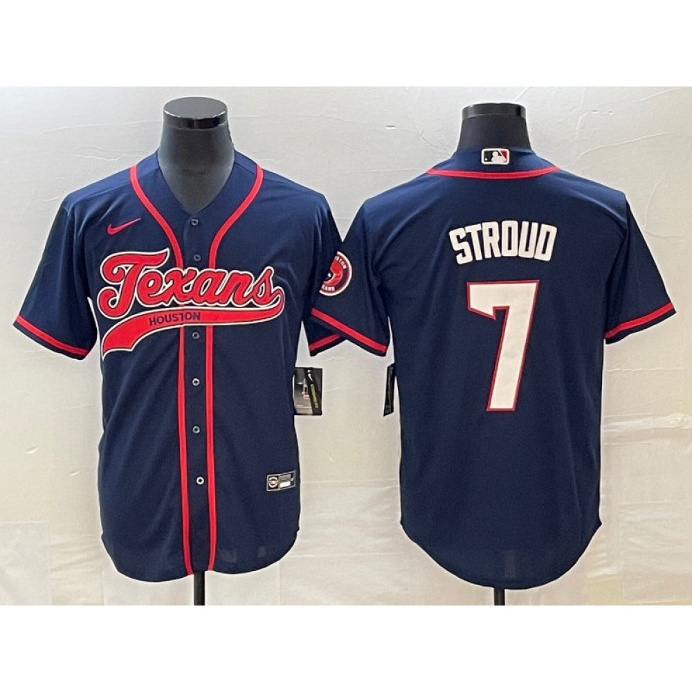 Men's Houston Texans #7 C.J. Stroud Navy With Patch Cool Base Stitched Baseball Jersey 