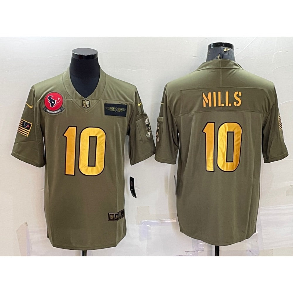 Men's Houston Texans #10 Davis Mills Olive/Gold Salute To Service Limited Stitched Jersey 