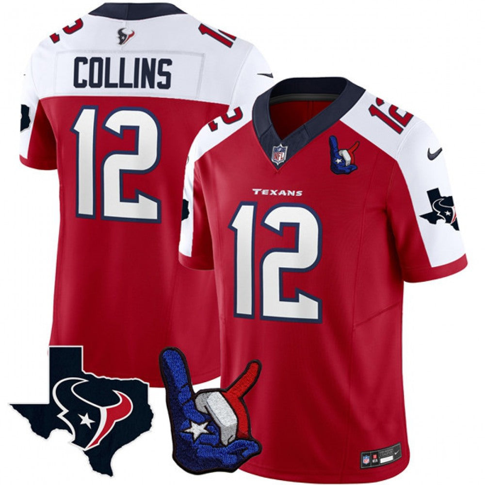 Men's Houston Texans #12 Nico Collins Red/White 2023 F.U.S.E. With Hand Sign Throwing Up The H Patch Vapor Untouchable Limited Stitched Football Jersey 