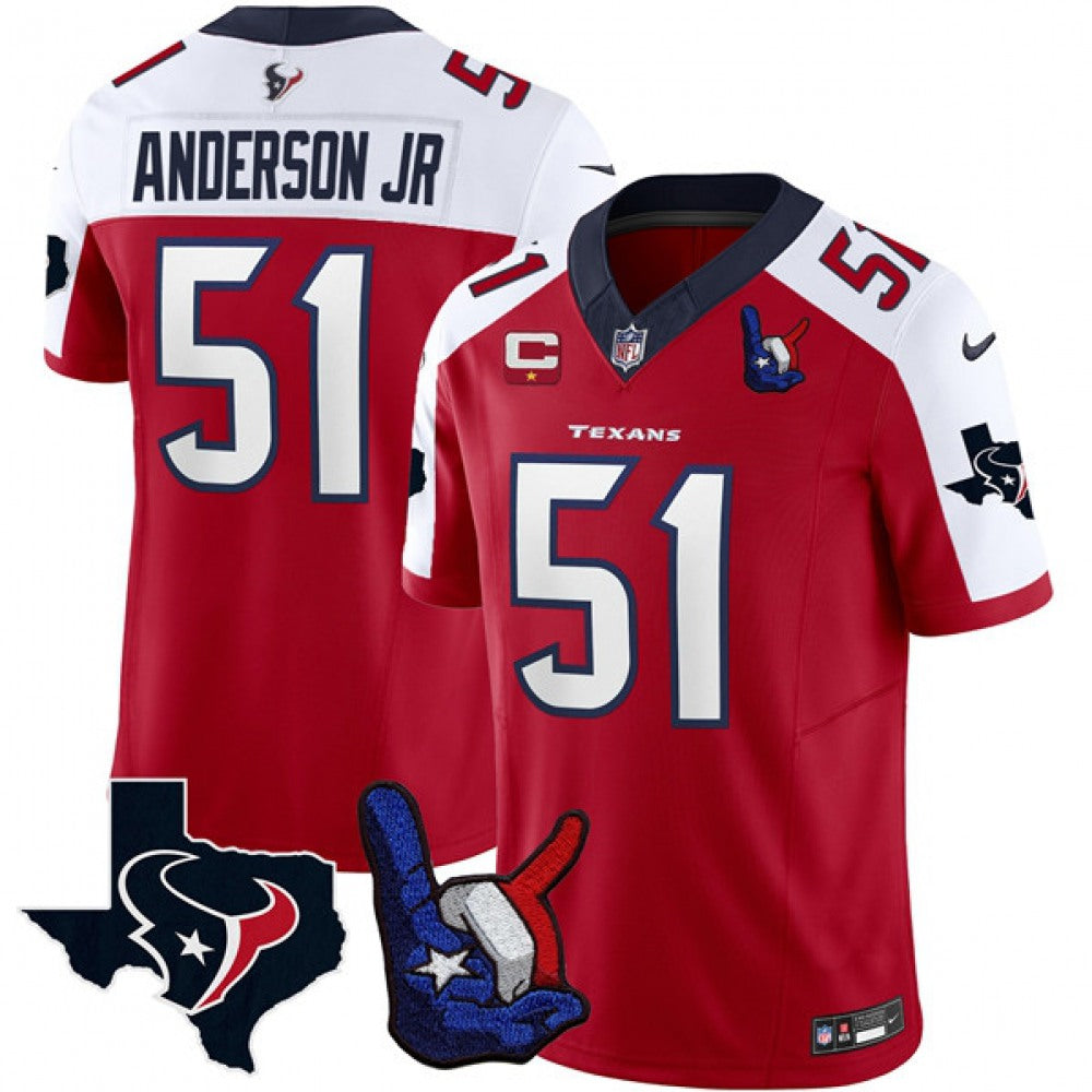Men's Houston Texans #51 Will Anderson Jr. Red/White 2023 F.U.S.E. With 1-Star C And Hand Sign Throwing Up The H Patch Vapor Untouchable Limited Stitched Football Jersey 